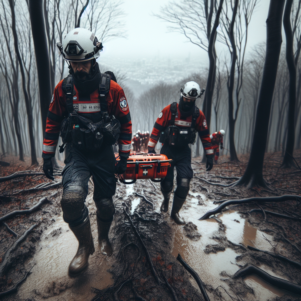 Bergrettung Wien im Einsatz im Wienerwald, Trage am Waldweg, nebliger Stadtblick