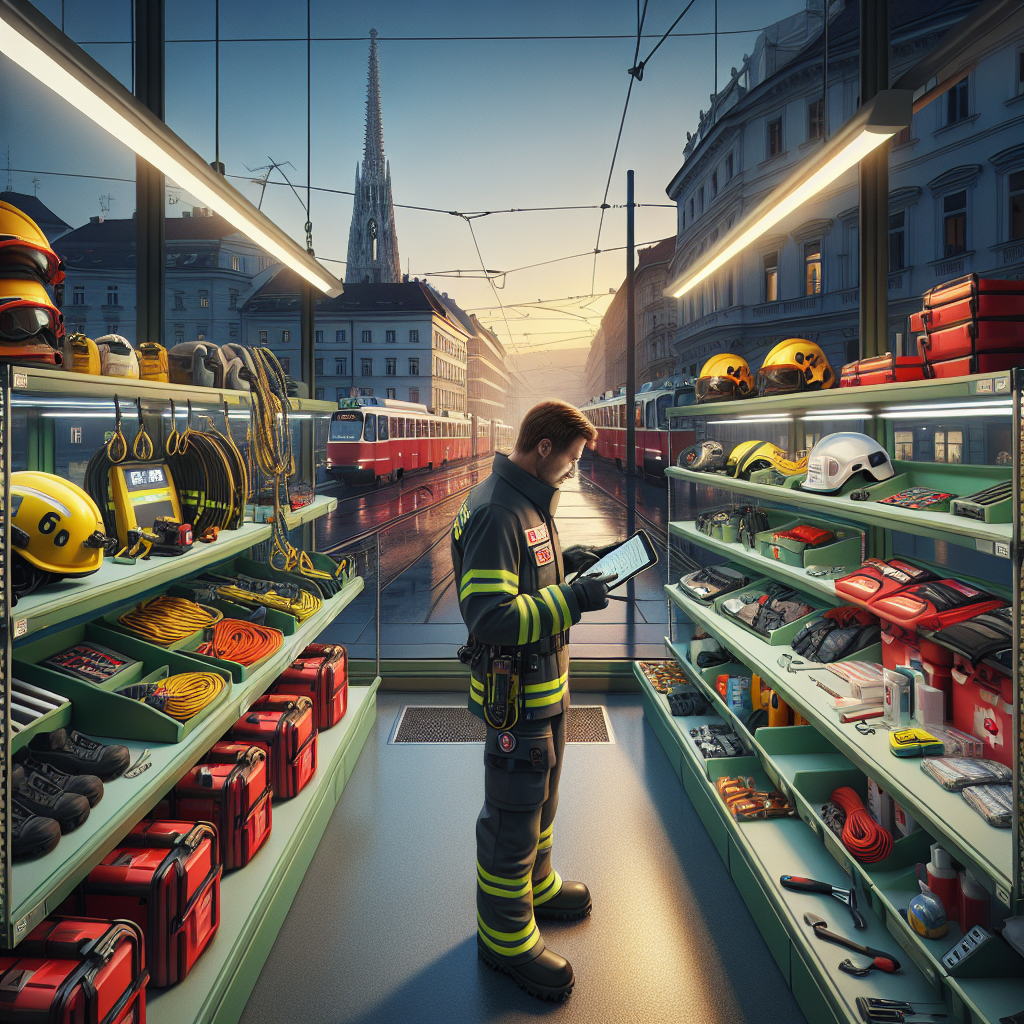 Einsatzkräfte prüfen Ausrüstung im Wiener Depot, geordnete Logistik und ständige Bereitschaft.